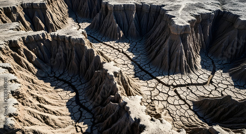 Aerial View of Cracked Dry Earth and Deep Ravines in Desert Landscape for Climate Change, Drought, and Water Scarcity Concepts