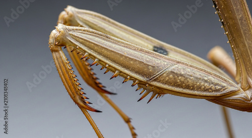 Close-up of praying mantis legs, sharp spines, intricate detail, macro insect photography.