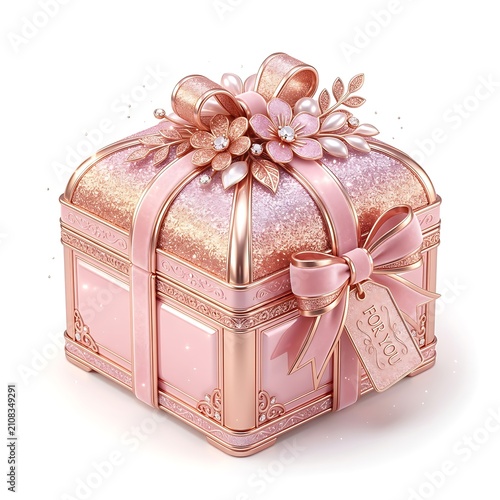 An ornate pink gift box with rose gold trim, glitter lid, floral decorations, and FOR YOU tag, isolated on white. Perspective view clip art suitable for birthday cards, wedding gifts