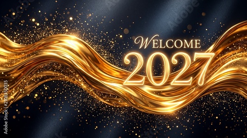Welcome 2027 happy new year banner with luxury golden wave glitter bokeh background