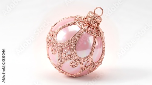 A glossy pink Christmas bauble with ornate rose gold glitter patterns, isolated on white. Perspective view clip art suitable for festive greetings, holiday cards, winter marketing, and new year banner