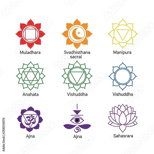 Colorful Chakra Symbols with Names and Spiritual Designs.