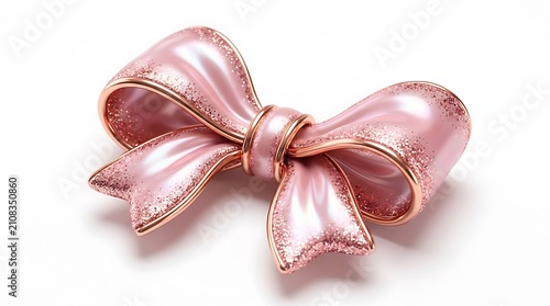 A glossy pink ribbon bow with glitter details and rose gold trim, isolated on white. Perspective view clip art suitable for gift cards, festive design, party invitation, and birthday banners.