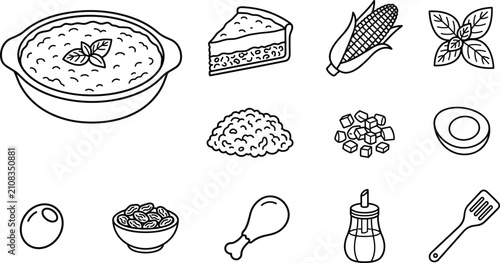 Bild auf Leinwand Traditional Pastel de Choclo Corn Pie Icon Set Featuring Baked Corn Casserole, S