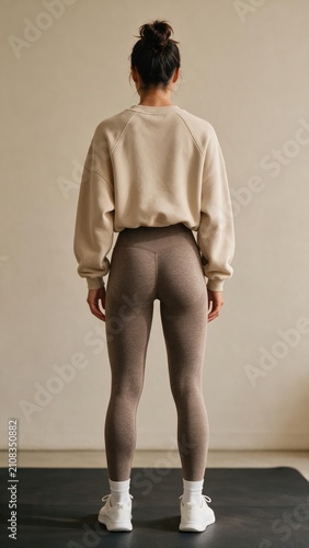 Fit woman in beige sweatshirt and brown leggings standing on mat