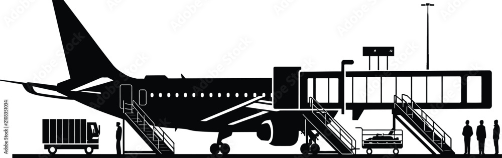 Fototapeta premium Passenger Airplane at Airport Terminal Silhouette Vector