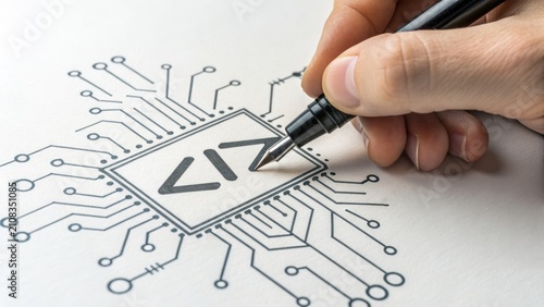 Hand drawing a circuit board with computer code. The drawing is on paper and shows a person's hand holding a pen.