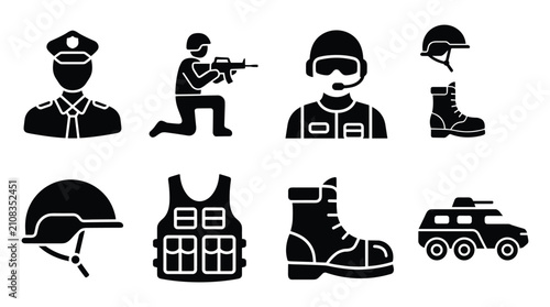 Bild auf Leinwand Collection of military and law enforcement icons including police officer, soldier, army man, helmet, bulletproof vest, boot, and armored vehicle