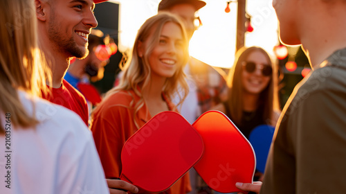 Friends tap red pickleball paddles together, smiling in warm golden hour sunlight before an evening game. A vibrant lifestyle scene of friendship, sport and summer connection.