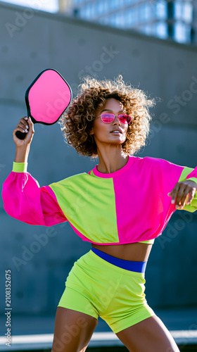 A dynamic woman in a neon color-block outfit swings a pink pickleball paddle against minimalist concrete architecture. A bold editorial sport fashion portrait with copy space.