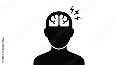 Bild auf Leinwand Silhouette of human head with brain illustration and lightning bolts symbolizing stress or migraine headache pain