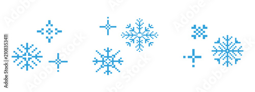 Принти на полотні Pixel winter snowflake set, seasonal blue crystal decorative elements in pixel art