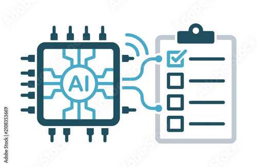 Artificial intelligence chip processing task list vector icon illustration showing AI clipboard checklist automation concept