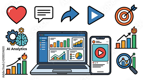 Digital Marketing Analytics and Strategy Icons with Laptop and Smartphone.