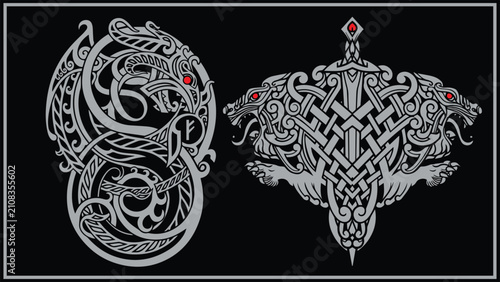 Foto Norse Viking serpent and wolf emblem with intricate knotwork vector illustration