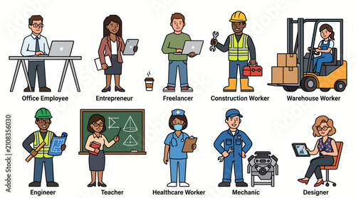 Diverse group of professionals in various occupations and industries.