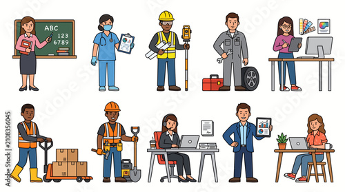 Diverse group of professionals in various occupations illustration.