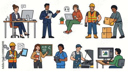 Diverse Group of Professionals Working in Various Occupations.