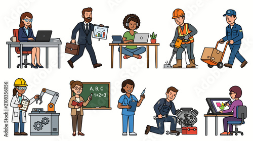 Diverse Group of Professionals Working in Various Occupations and Industries.