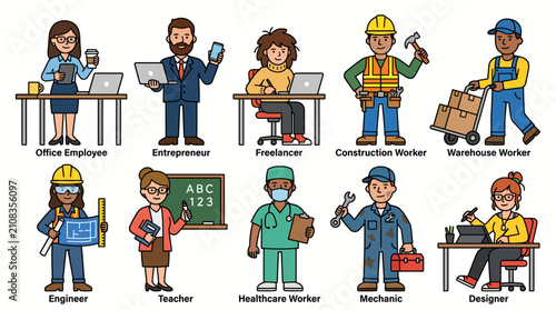 Diverse Group of Professionals Working in Various Occupations.
