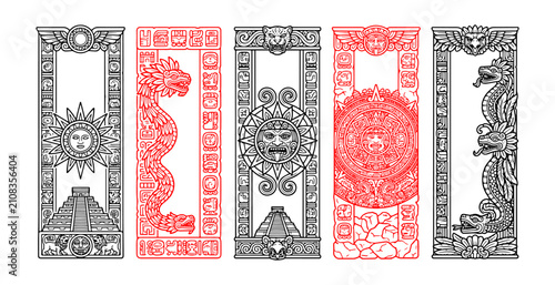 Schilderij op canvas Aztec and Mayan vertical banners set, ancient Mexican civilization borders with