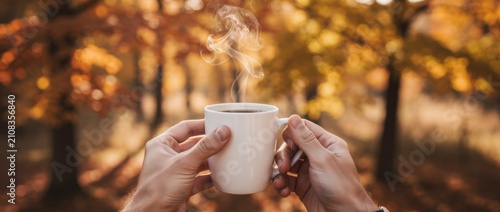 Cozy Autumn Morning with Hot Beverage in Hands Surrounded by Colorful Fall Leaves and Soft Natural Light Creating a Warm Atmosphere