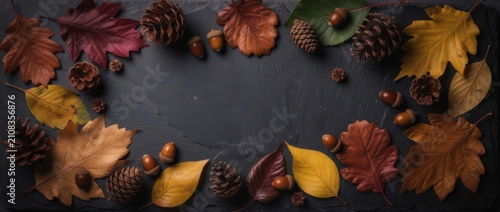 Beautiful Arrangement of Autumn Leaves, Pine Cones, and Acorns on Dark Slate Background for Seasonal Decor, Nature Themes, and Festive Celebrations
