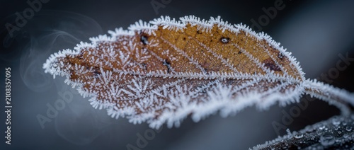Frosted Leaf in Winter Landscape Capturing Nature's Beauty and Intricate Ice Crystals on Autumn Foliage Against a Soft Blurry Background