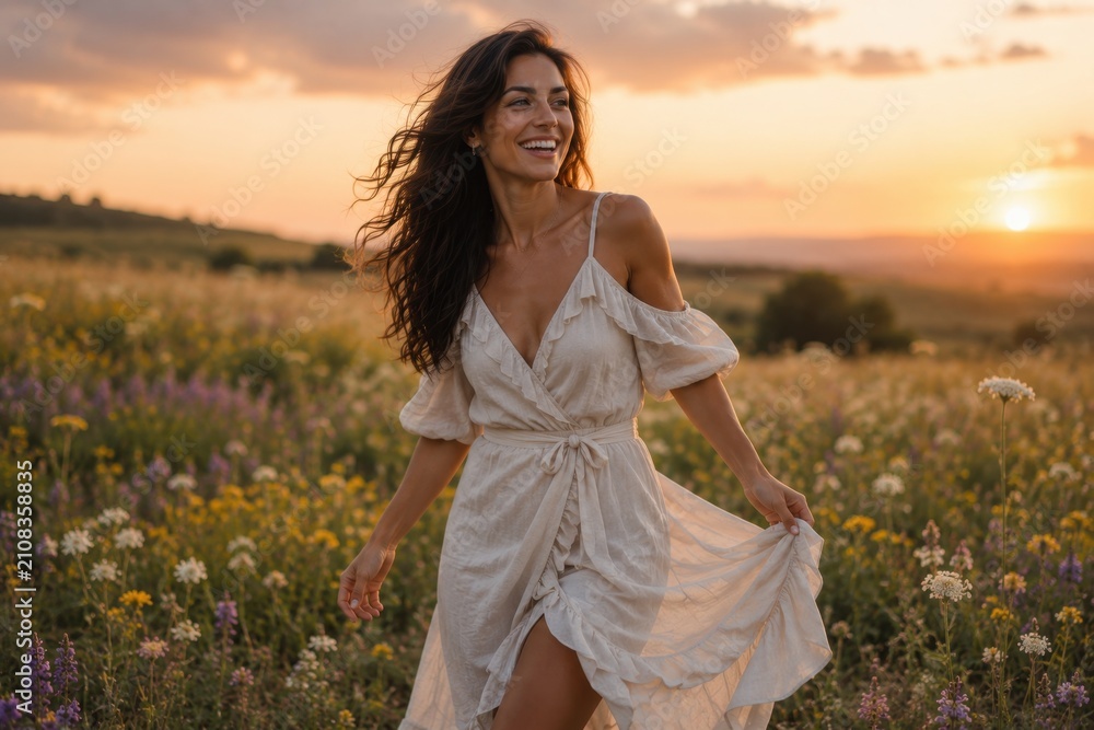Obraz premium Smiling beautiful woman in white summer dress enjoying countryside breeze in flower field at golden hour. Concept of freedom, nature, and happiness.