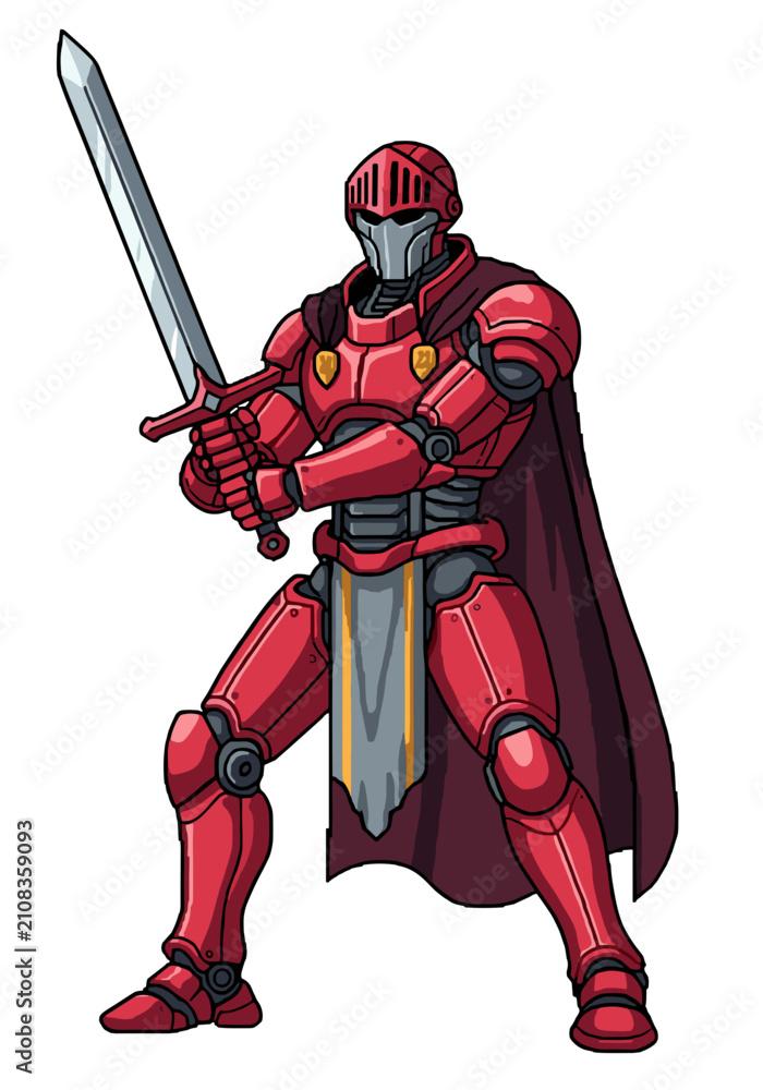 Fototapeta premium Red Knight Robot Warrior With Sword