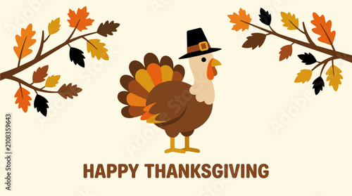 Konstfotografi Cute cartoon turkey wearing a pilgrim hat for a happy thanksgiving holiday celeb