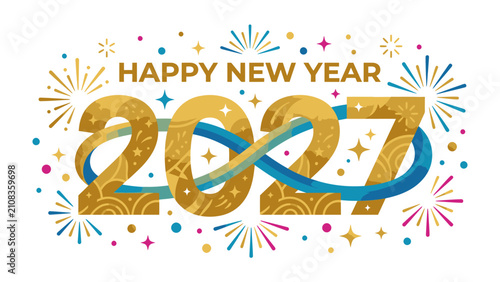Obraz na plátně Happy New Year 2027 Graphic: A vibrant and festive graphic design proclaiming Happy New Year 2027 with dazzling fireworks, abstract patterns, and a flowing ribbon