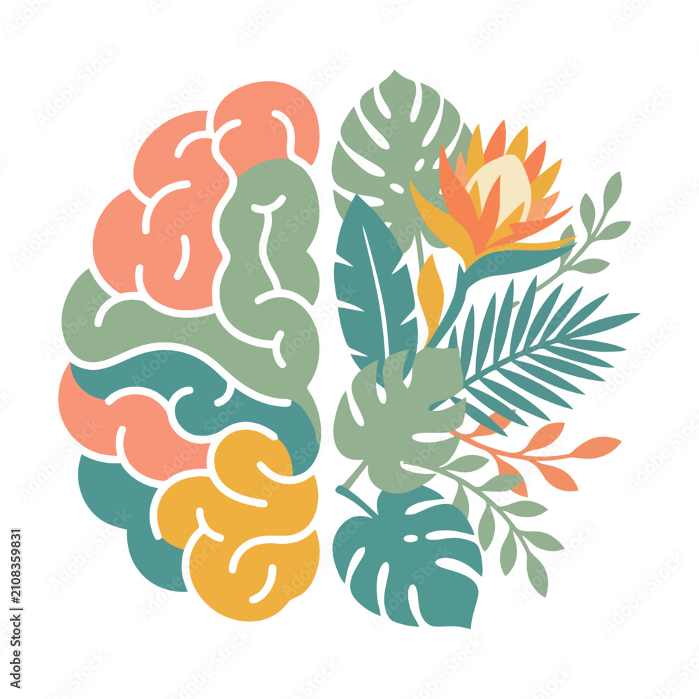 Fototapeta premium Human brain shape combined with tropical leaves and colorful flower elements in flat design Vector