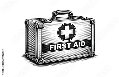 Portable First Aid Kit Medical Emergency Line Art Engraving Style