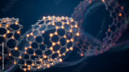 Abstract visualization of carbon nanotubes with glowing atomic structures on a dark background.