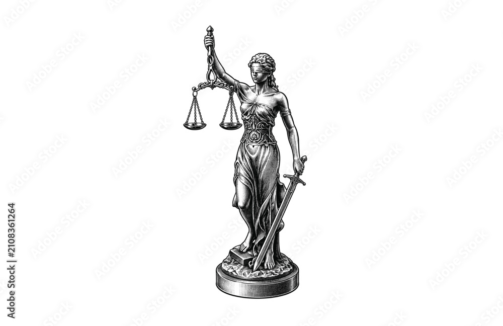Fototapeta premium Lady Justice Statue with Scales and Sword Illustration Engraving Style
