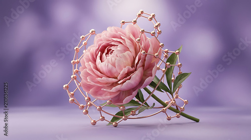 A beautiful pink peony flower wrapped in a delicate rose gold geometric wire frame.