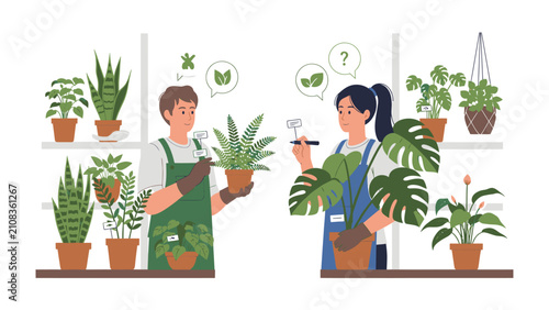 Horticultural Hobbyists: Two individuals in aprons and gardening gloves tend to various potted plants, engaging in a shared passion for botany and indoor gardening.