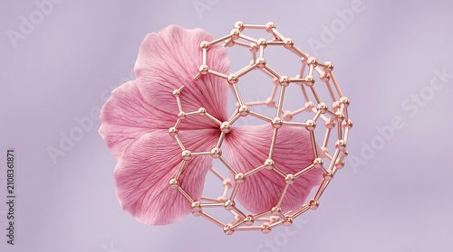 Abstract composition featuring a delicate pink flower petal inside a metallic molecular structure.
