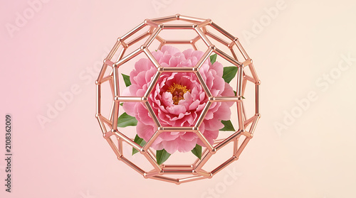 A beautiful pink peony flower encased inside a geometric rose gold wire sphere.
