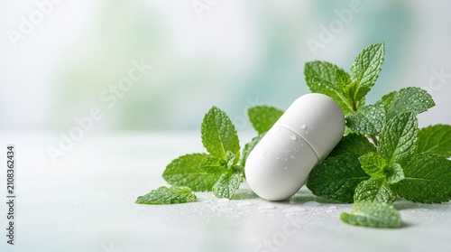 Fresh Mint Leaves with White Capsule on Green Background for Health and Wellness Concepts