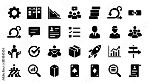 Business management icons represent various professional tasks, strategic planning processes, and organizational development tools in a flat design style.