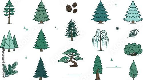 Konstfotografi Pine Tree Species and Coniferous Forest Botany Flat Line Icon Set Featuring Ever