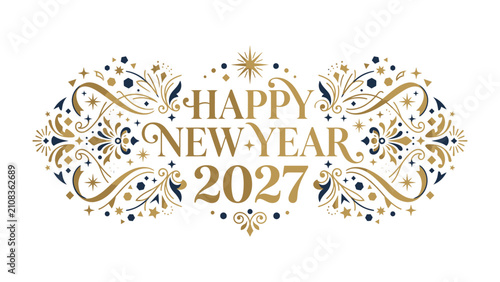 Fotografie Festive New Year 2027 Greeting: An ornate and elegant design proclaims Happy New Year 2027 adorned with decorative flourishes, stars, and swirling patterns in gold and navy blue
