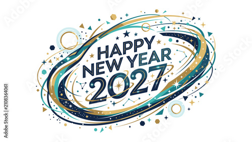Foto Happy New Year 2027 Celebration Graphic: A festive and dynamic graphic design announces Happy New Year 2027 with swirling ribbons, stars, and confetti in a blue, gold, and teal color palette