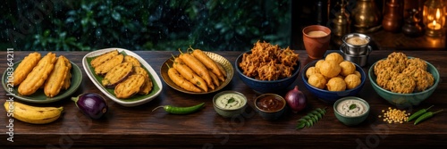 Indian Monsoon Snacks Platter With Chai And Chutneys