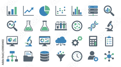 Science icons collection illustrates various laboratory tools and analytical data processing methods.