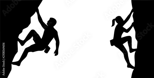 Extreme rock climbing man and woman silhouettes set for outdoor sports adventure