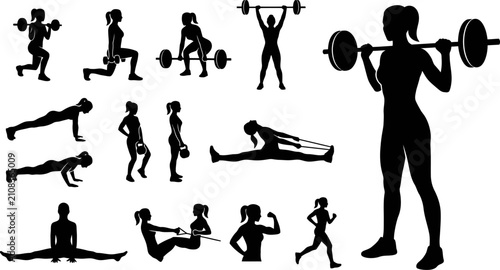 Female fitness workout exercises silhouettes collection for gym and home training