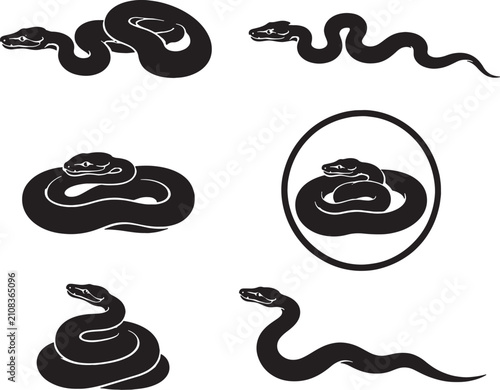 Tableau sur toile Ball Python Silhouette Icon Set Black Vector Snake Collection Isolated